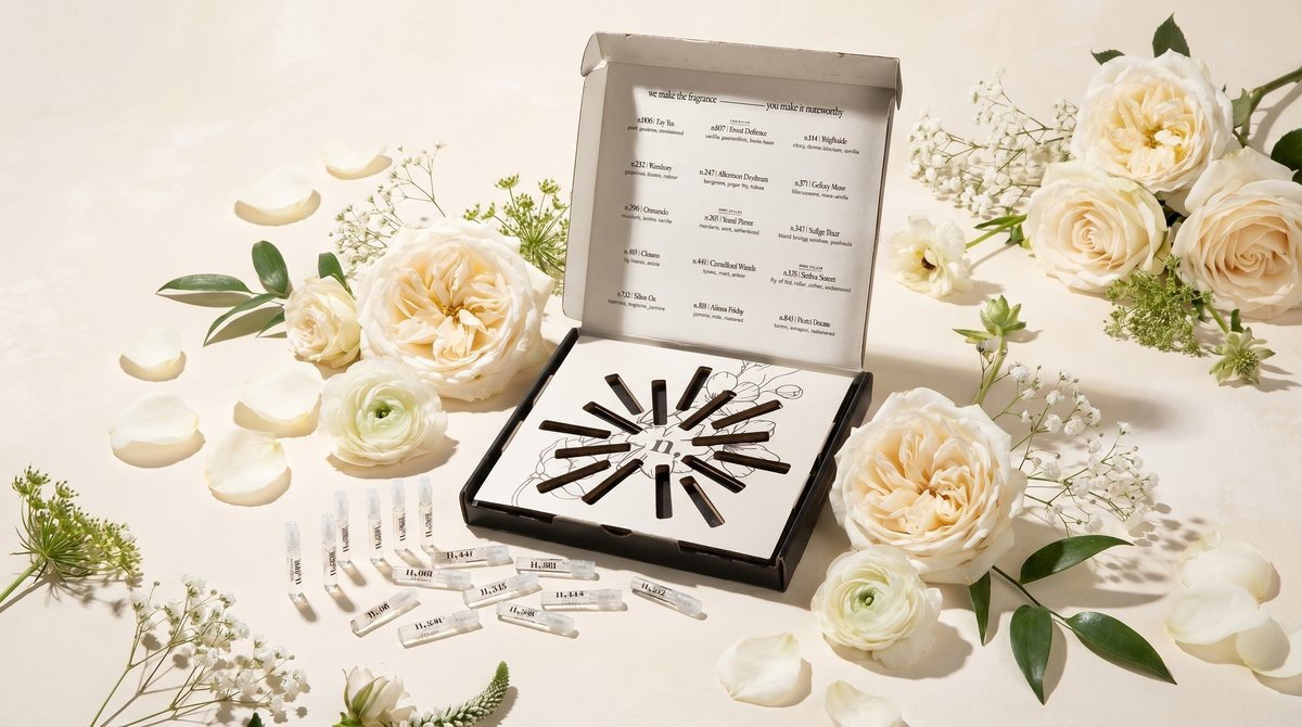 Signature Sampler — 15 Noteworthy fragrances arranged in a starburst kit with white roses