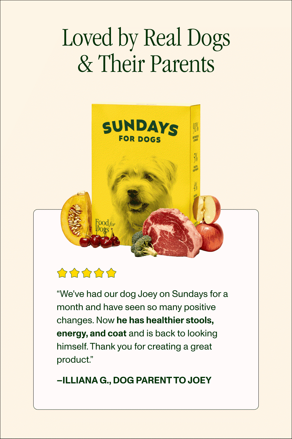 Loved by Real Dogs & Their Parents  “We've had our dog Joey on Sundays for a month and have seen so many positive changes. Now he has healthier stools, energy, and coat and is back to looking himself. Thank you for creating a great product.” –Illiana G., Dog Parent to Joey