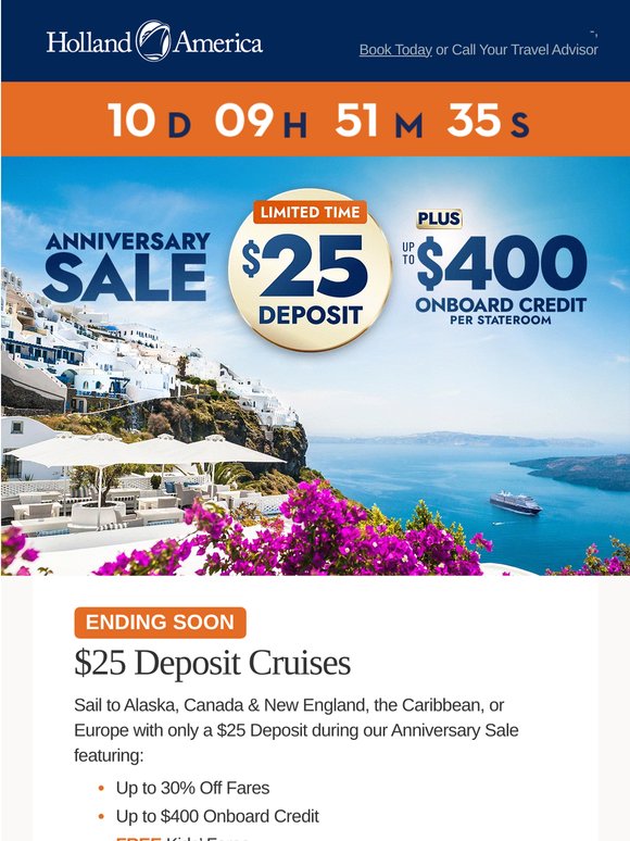 $25 Deposit Cruises + 30% Off Fares