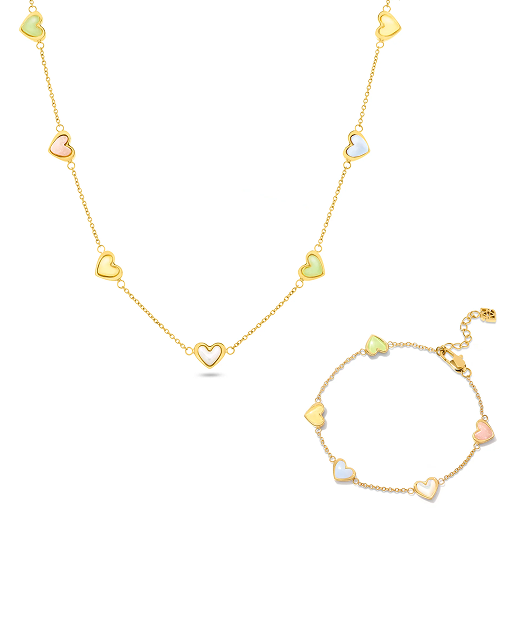 Multi Pastel Mini Hearts Necklace & Bracelet Set (Gold)