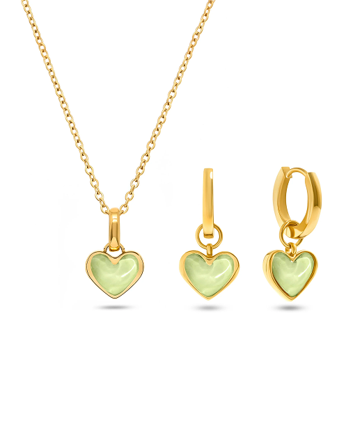 Mint Green Quartz Heart Necklace & Earrings Set (Gold)