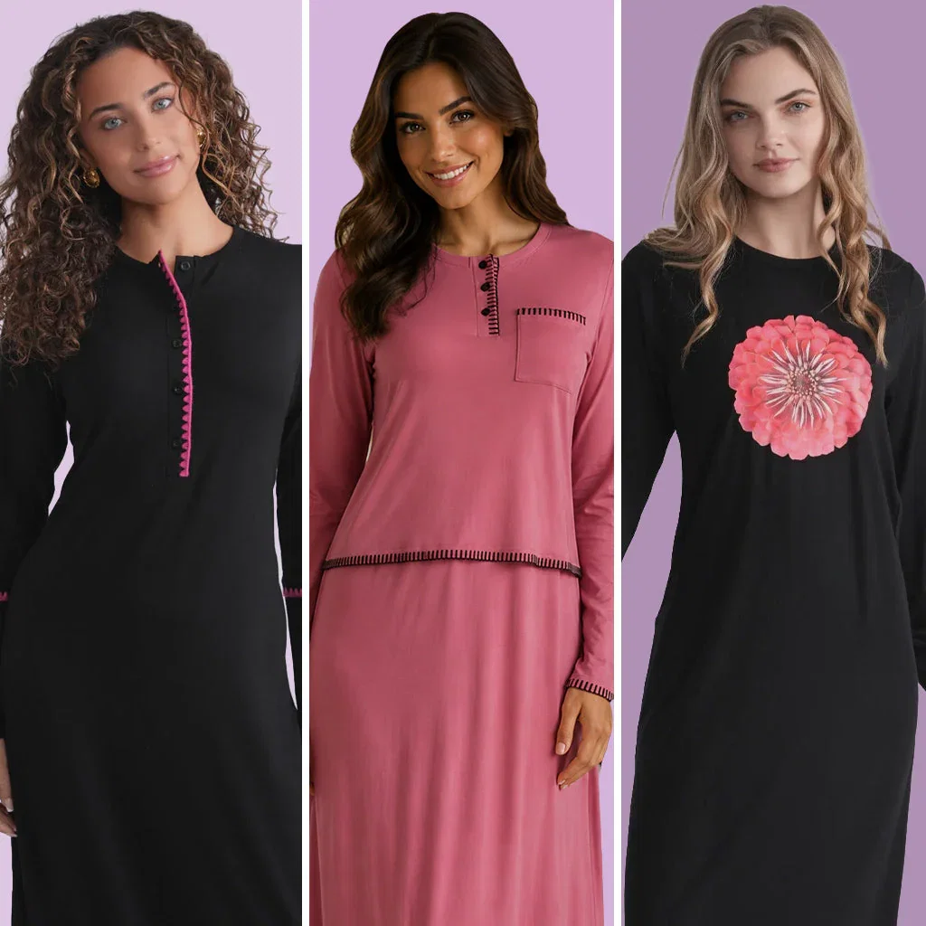 Three women modeling long-sleeve dresses from the MOOD + ELLWI collection against a purple background.