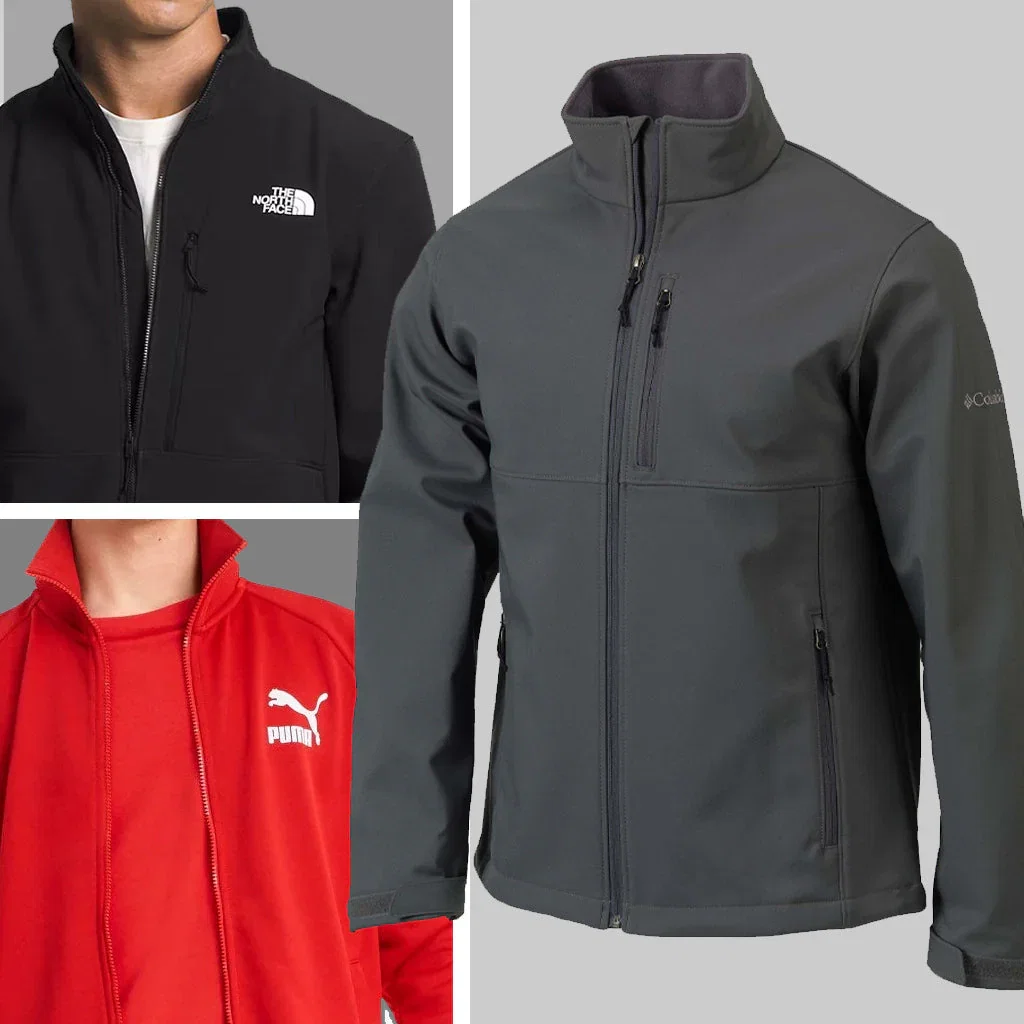 Men's Jackets collection featuring black The North Face, gray Columbia, and red Puma zip-up jackets displayed on models.