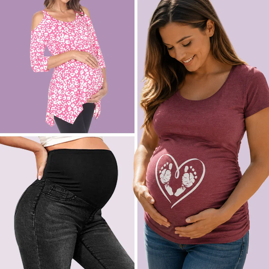 Maternity clothing collection featuring pink leopard print cold-shoulder top, black support leggings, and burgundy footprint heart graphic tee.