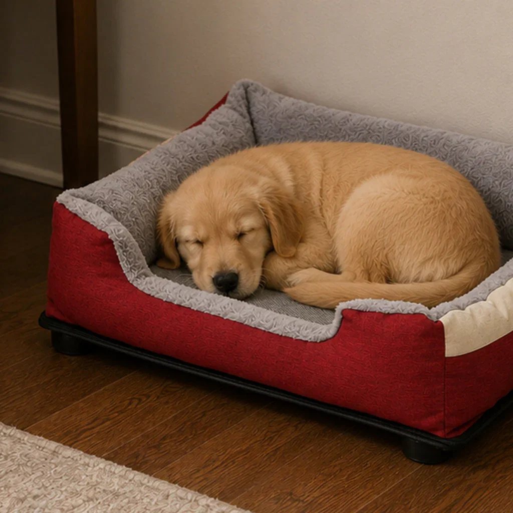 Golden Retriever sleeping peacefully in a red and gray pet bed with cushioned sides on a wooden floor
