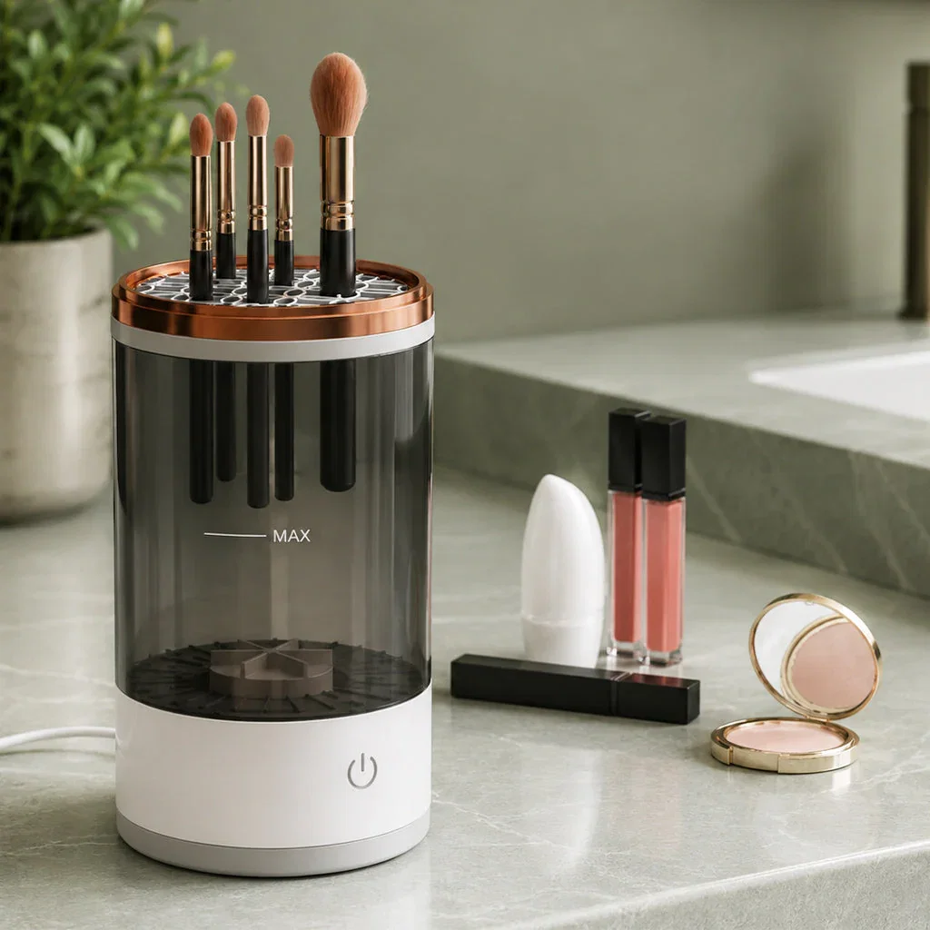 Rotating makeup brush holder with five brushes, surrounded by cosmetic products on a bathroom vanity.