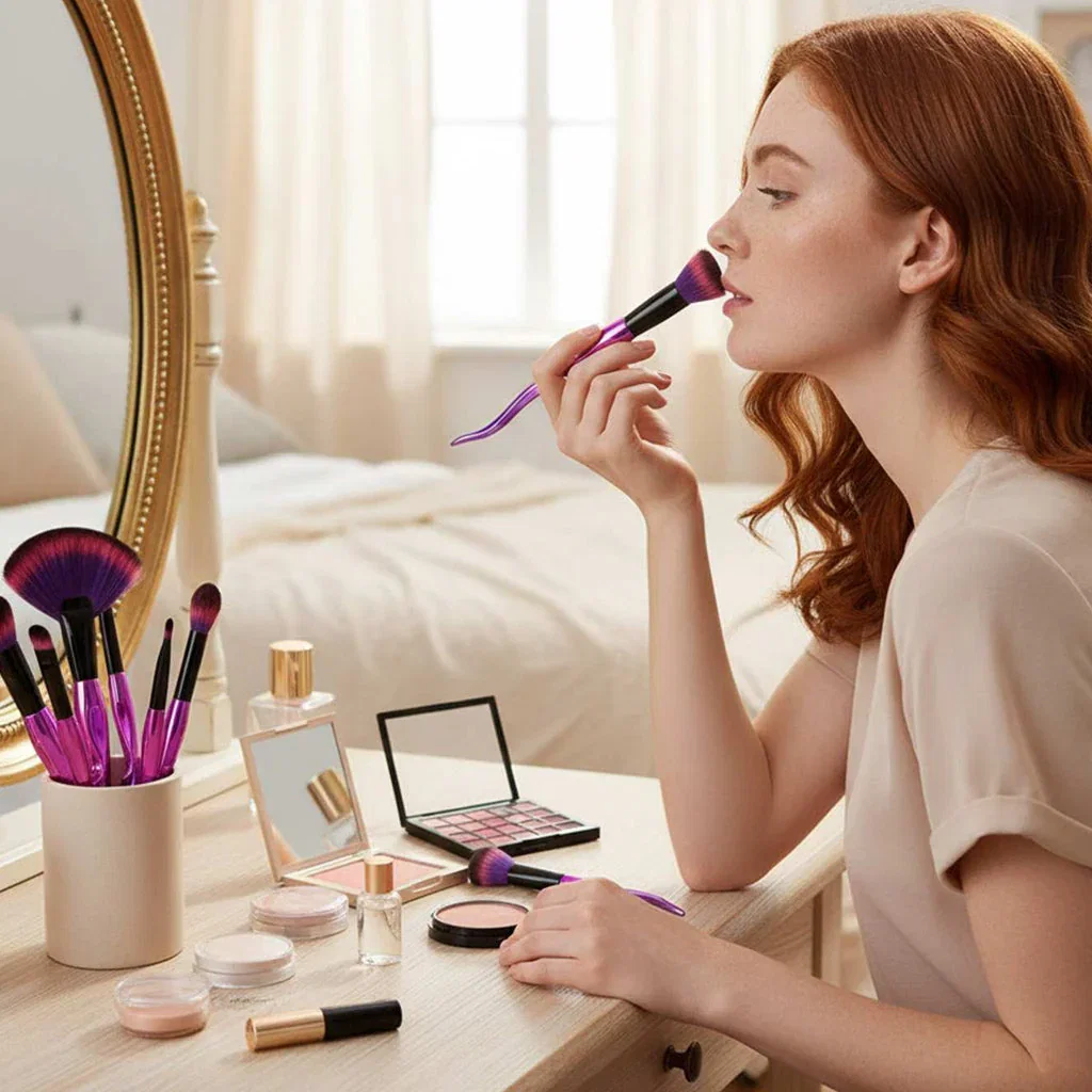 Woman applying makeup at vanity with purple brushes and skincare products displayed on wooden desk