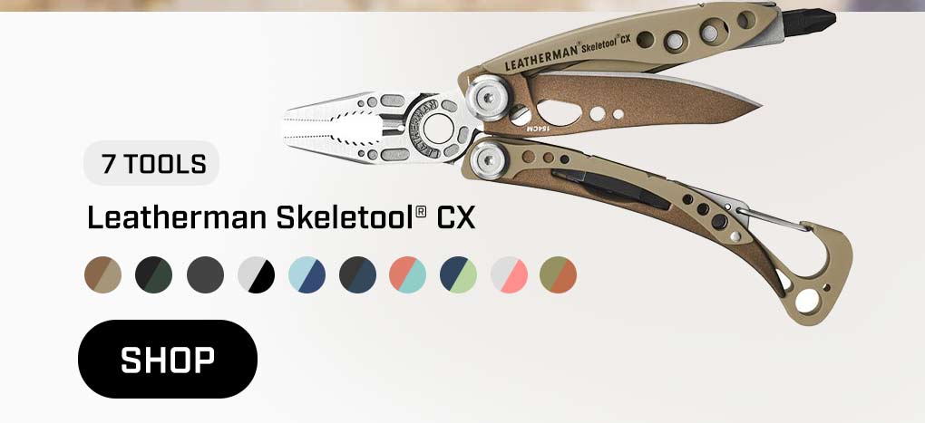 A sandstorm color Leatherman Skeletool CX on a white background