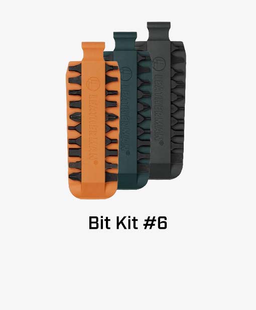 3 different Leatherman #6 bit kits on a gray background