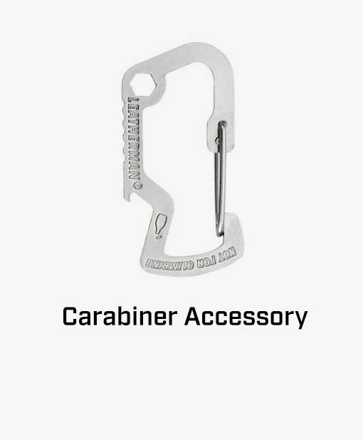 A Leatherman carabiner on a gray background