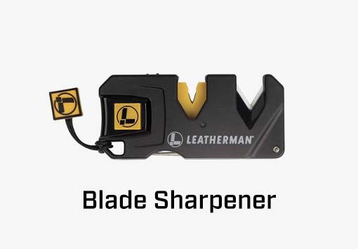 A Leatherman blade sharpener on a gray background