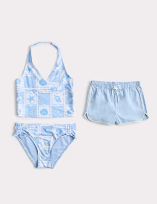 3 Piece Shell Print Tankini & Shorts Set (6-16 Yrs)