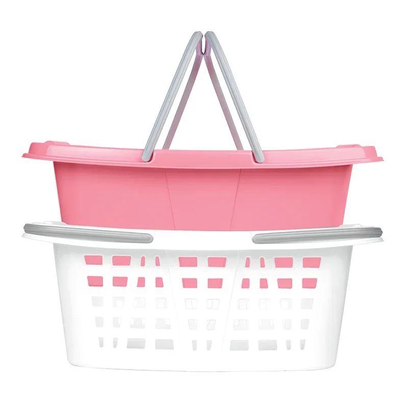 Pink and white stackable laundry baskets