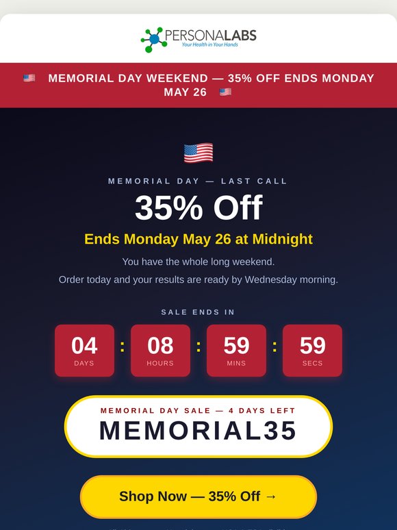 🇺🇸 4 days left — 35% off all lab tests (code MEMORIAL35)