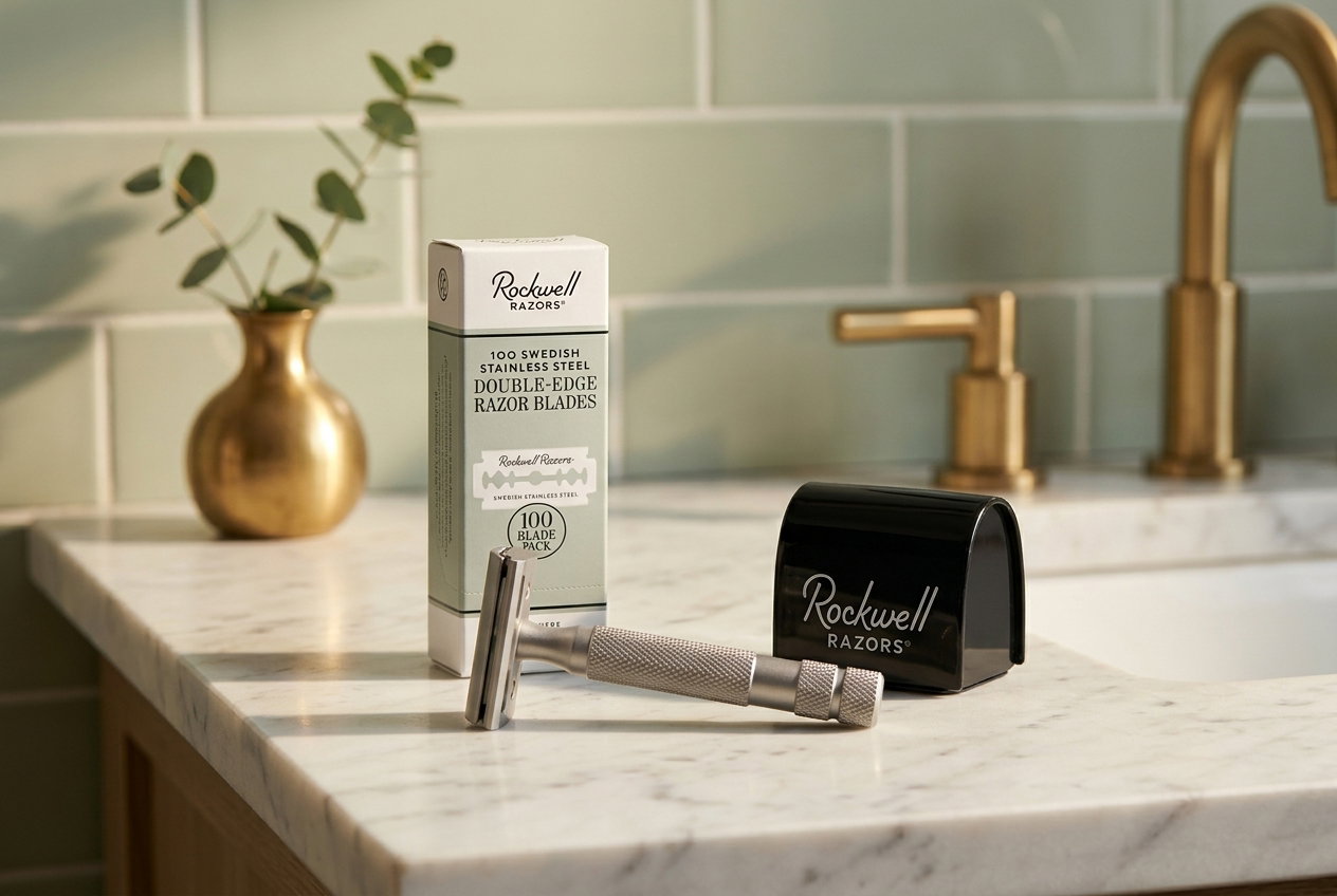 Rockwell razor with 100-pack blades and blade safe on bathroom counter