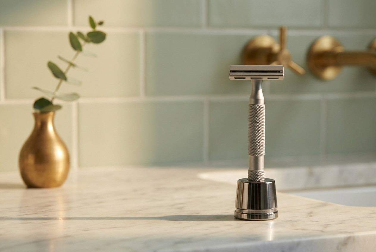 Rockwell razor in matching stand on bathroom counter