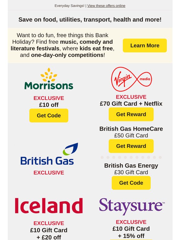 £10 off at Morrisons, £50 Gift Card at British Gas HomeCare, £70 Gift Card at Virgin Media