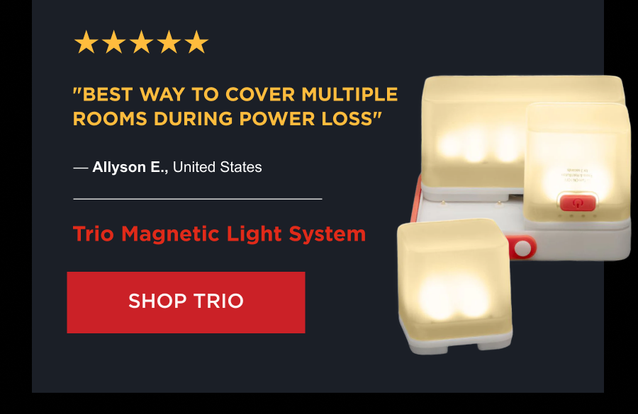 ★★★★★ "Best way to cover multiple rooms during power loss" — Allyson E., United States Product: Trio Magnetic Light System [ SHOP TRIO ]