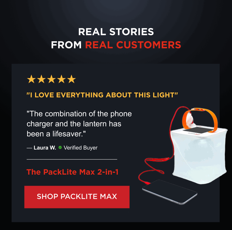  Real Stories from Real Customers | ★★★★★ "I love everything about this light" "I bought these as gifts for all the members of my family last Christmas, and bought three more this year to make sure we had plenty around for hiking and emergency backpack use. Highly, highly recommend!!" — Laura W., Verified Buyer Product: The PackLite Max 2-in-1 [ SHOP PACKLITE MAX ]