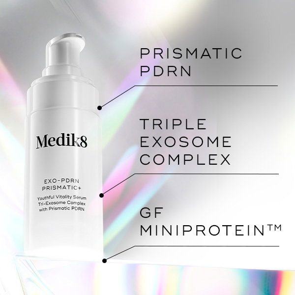 A Medik8 product bottle displayed against a soft, iridescent background with callouts highlighting key ingredients: Prismatic PDRN, Triple Exosome Complex, and GF MiniProtein™.