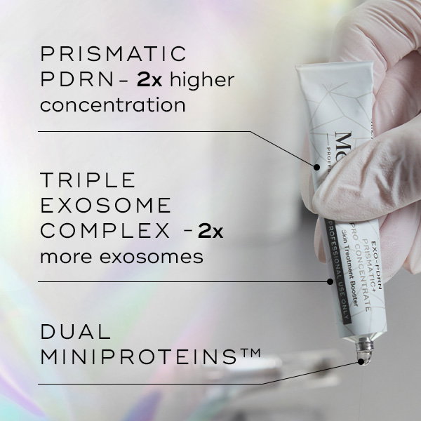 A close-up of a Medik8 product tube held by a gloved hand, with text highlighting key ingredient benefits including “Prismatic PDRN – 2x higher concentration,” “Triple Exosome Complex – 2x more exosomes,” and “Dual MiniProteins™.