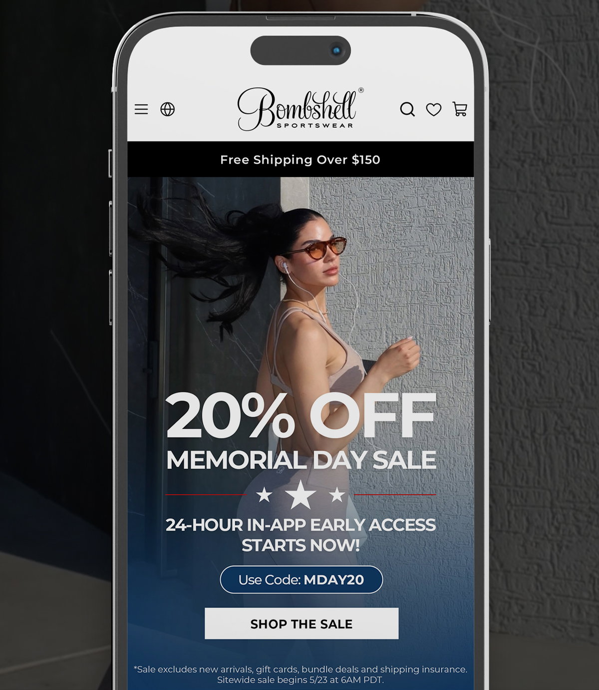 Bombshell app preview showing the Memorial Day Sale and 20% Off Sitewide with code MDAY20.