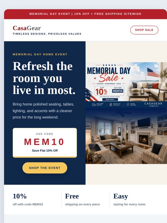 Flat 10% Off + Free Shipping | Memorial Day Home Event