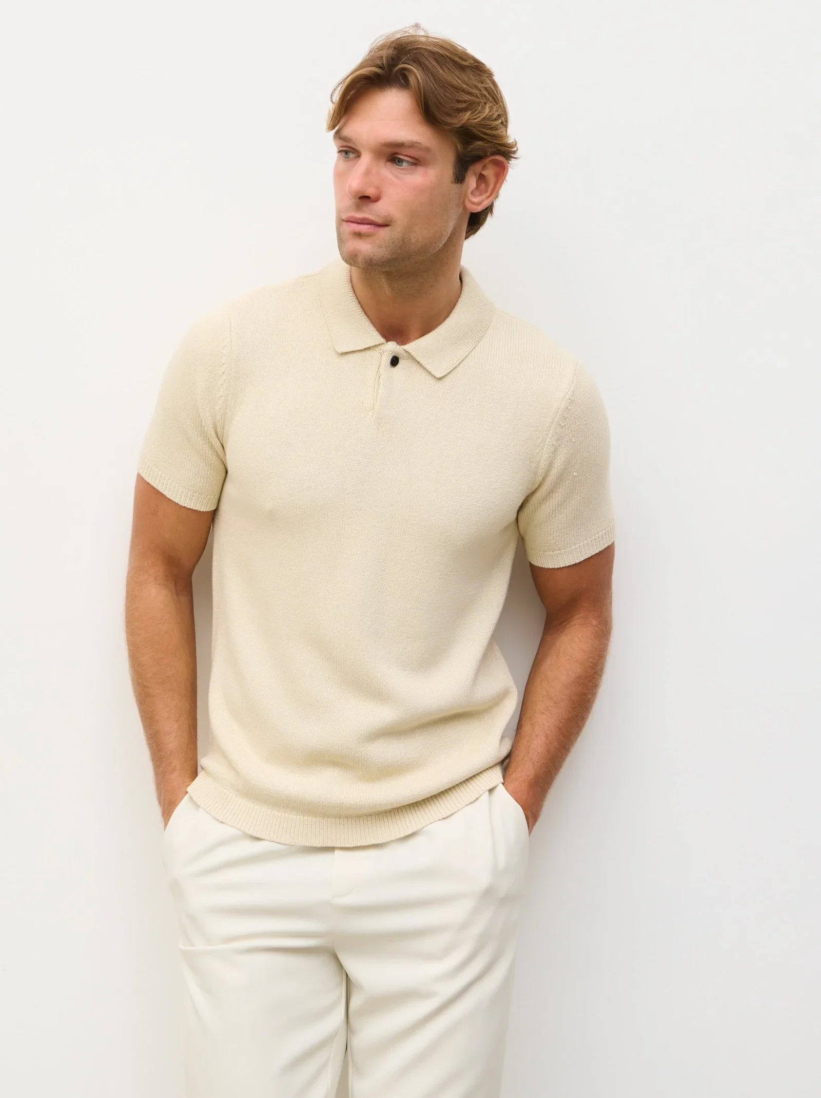 Image of Syd Single Button Collar Knit Polo - Stone