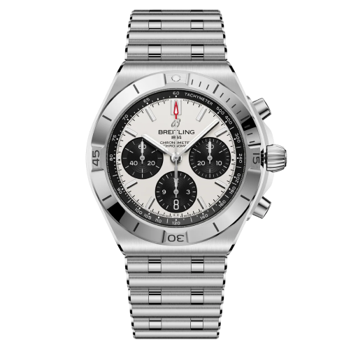 Breitling Chronomat B01 42 watch with white and black dial and steel bracelet