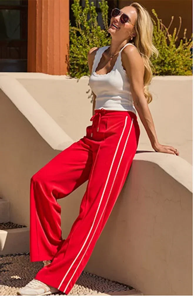 Red Side Stripe Drawstring Wide Leg Trousers