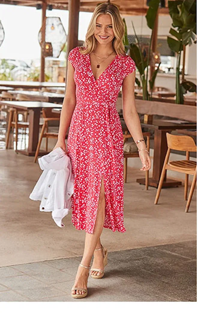 Summer Red Spot Print Faux Wrap Dress