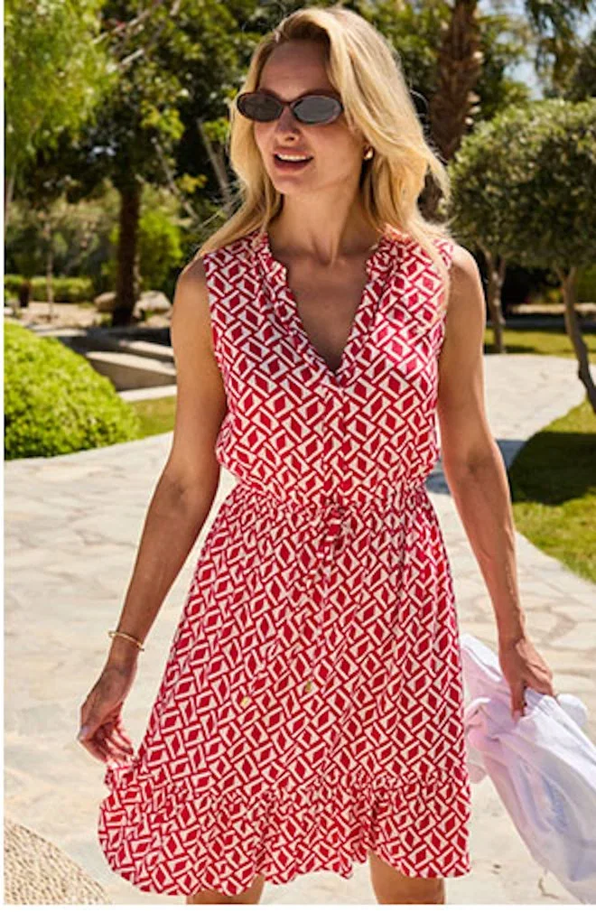 Red Geometric Print Ruffle Hem Tie Waist Dress