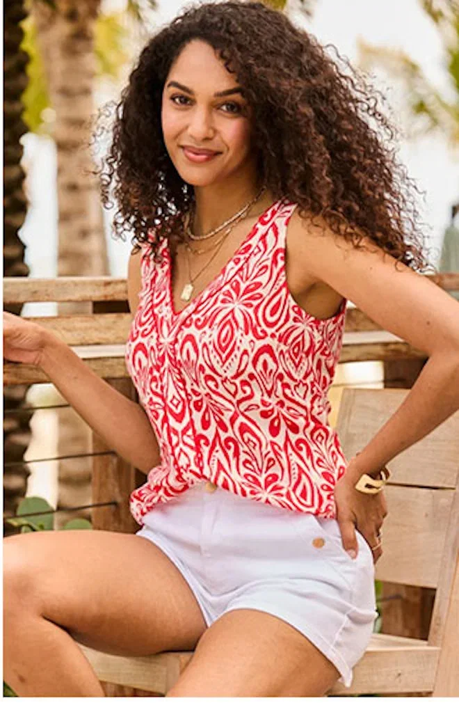 Red Paisley Print Scallop Trim Vest Top