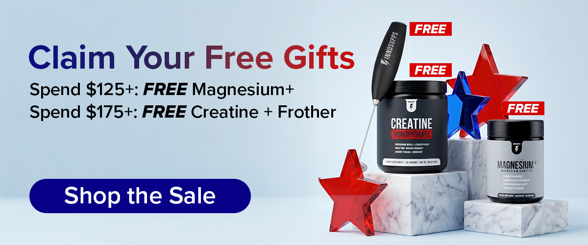 Claim Your Free Gifts Product shot of Magnesium + Creatine + Frother with “FREE GIFT” stickers. FREE Magnesium with $125+ FREE Creatine + Frother with $175+