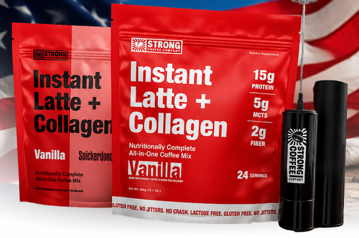 two bags of latte + collagen and a frother