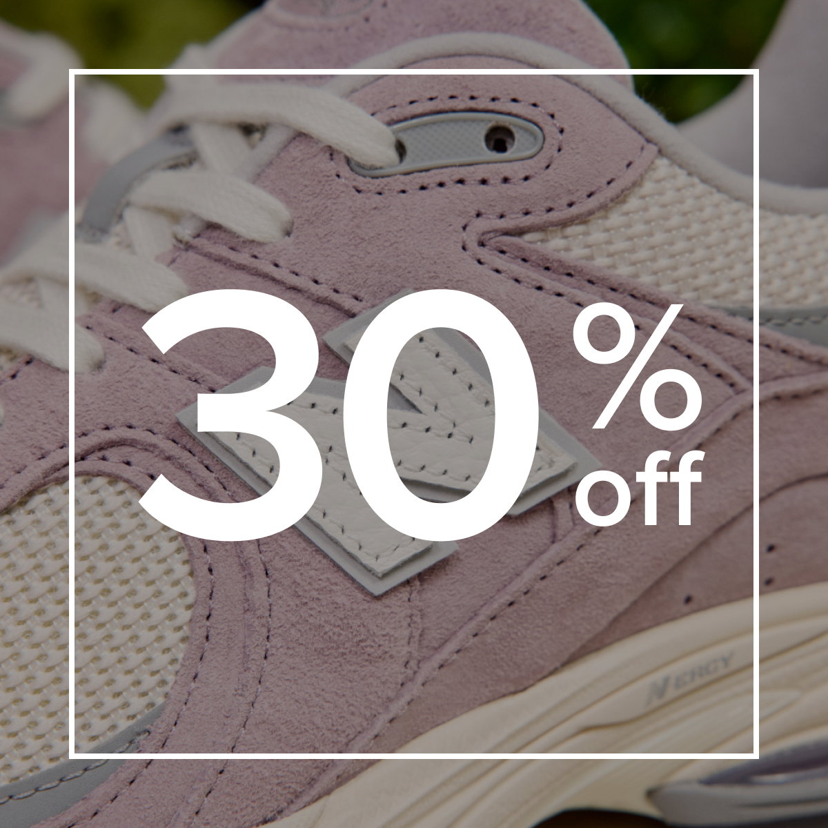 New Balance Unisex 2002 shoe pictured with text overlay reading '30% off'.