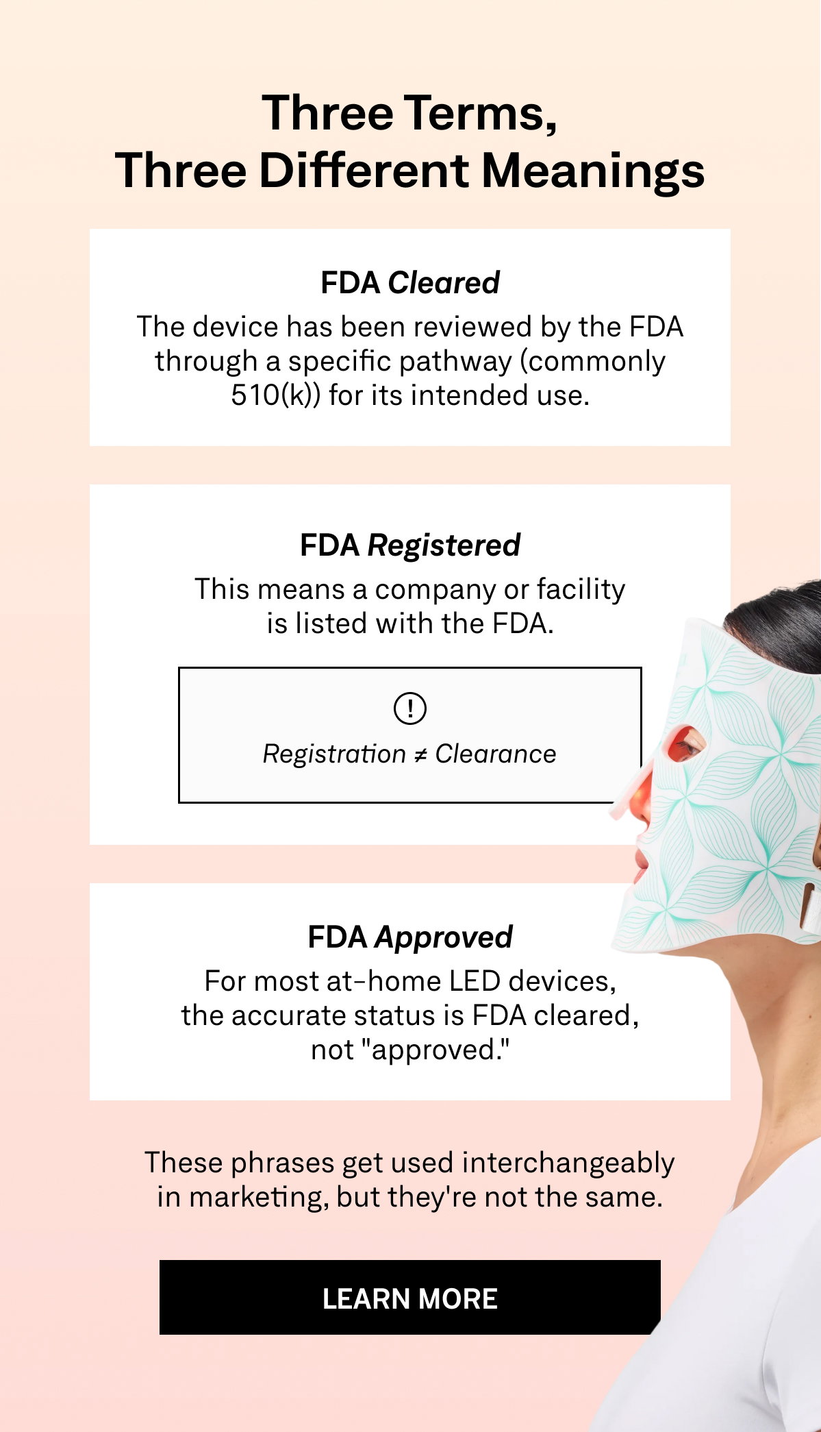 Simple breakdown of FDA cleared, registered, and approved definitions for skincare devices. Why FDA Cleared is the relevant standard for at-home LED light therapy devices like Omnilux.