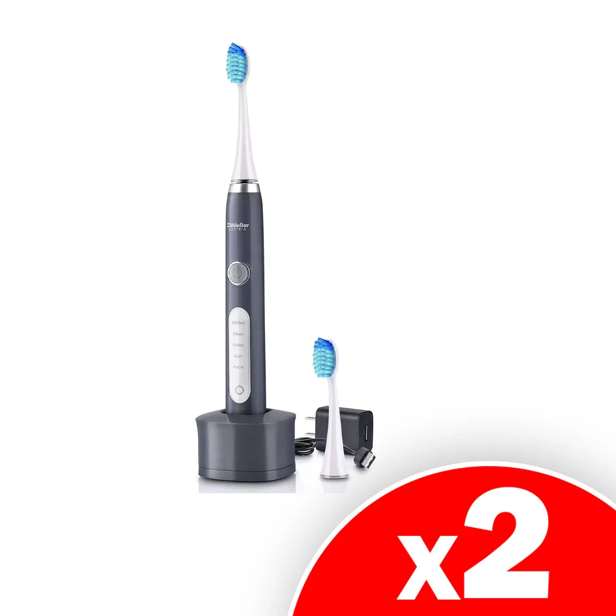 Image of Mueller Sonic Rechargeable Electric Toothbrush with CrossClean Technology, 5 Modes, IPX7 Fully Waterproof, Built-in Auto Timer, 3D Cleaning Action, 2 Pack