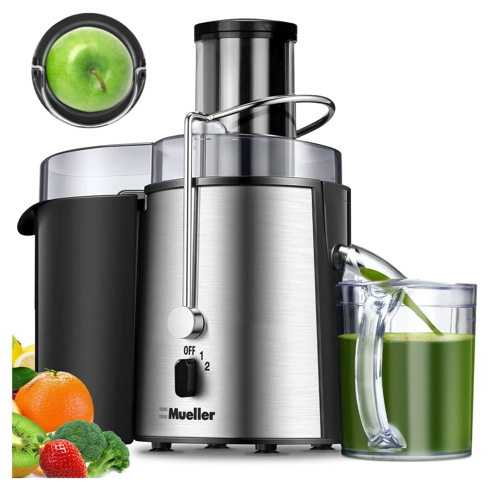 Image of Mueller Juicer Ultra Power, Easy Clean Extractor Press Centrifugal Juicing Machine, Wide 3" Feed Chute for Whole Fruit Vegetable, Anti-drip, Silver