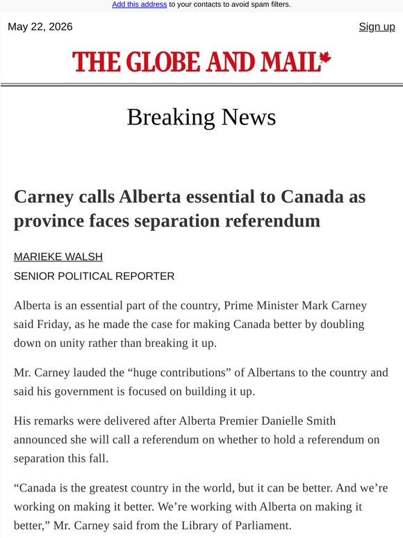 Breaking News: Carney calls Alberta essential to Canada as province faces separation referendum