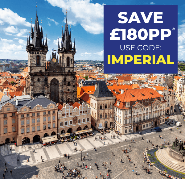Aerial view of Prague's Old Town Square featuring historic buildings and the Church of Our Lady before Týn.