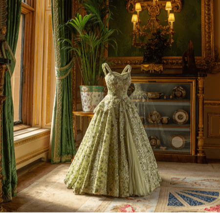 A vintage green floral dress displayed in an elegant room with ornate decor and natural light.