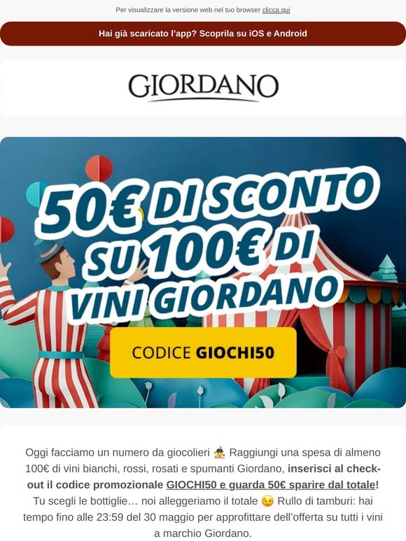 50€ di sconto su 100€ di vini Giordano 🤹Un numero da giocolieri!