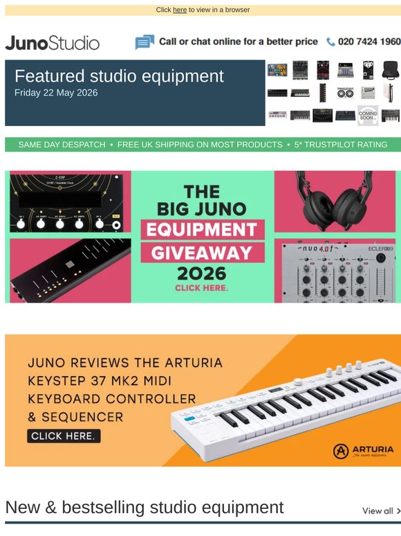 The Big Juno Equipment Giveaway 2026 + Akai Professional MPC Sample back in stock & more studio equipment news...