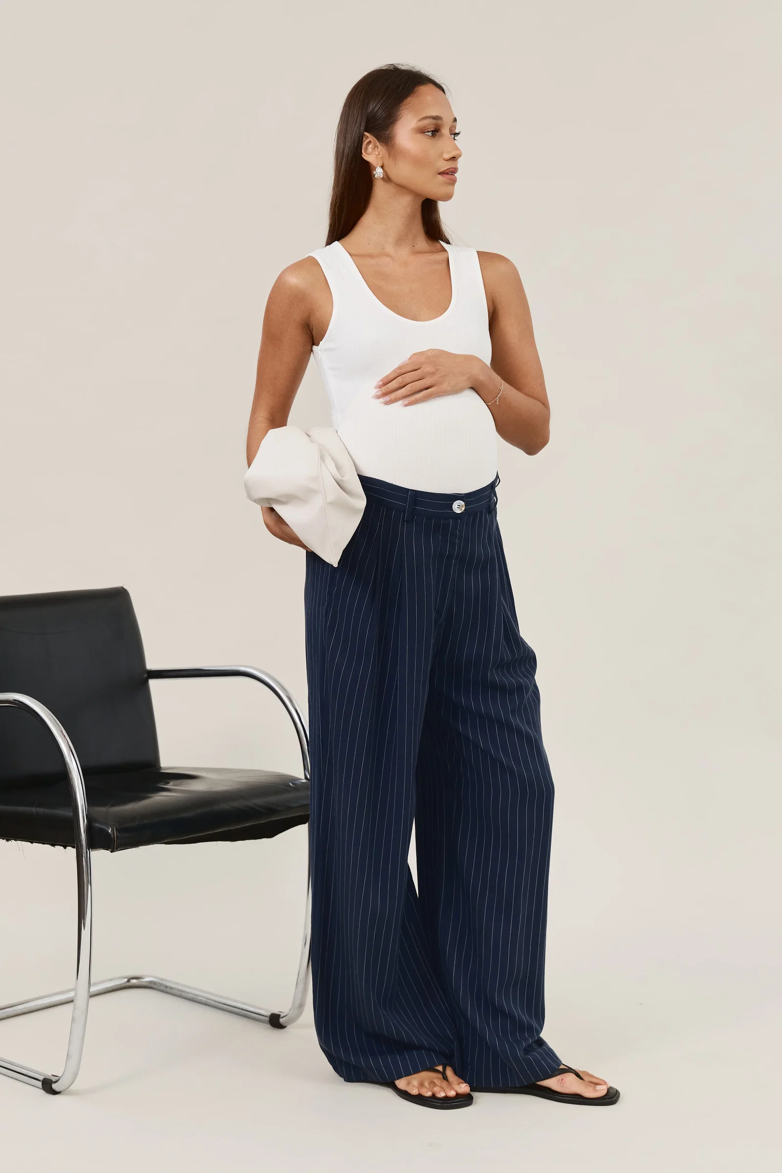 Image of Bambi Pinstripe Adjustable Wide Leg Pant  - Navy / White