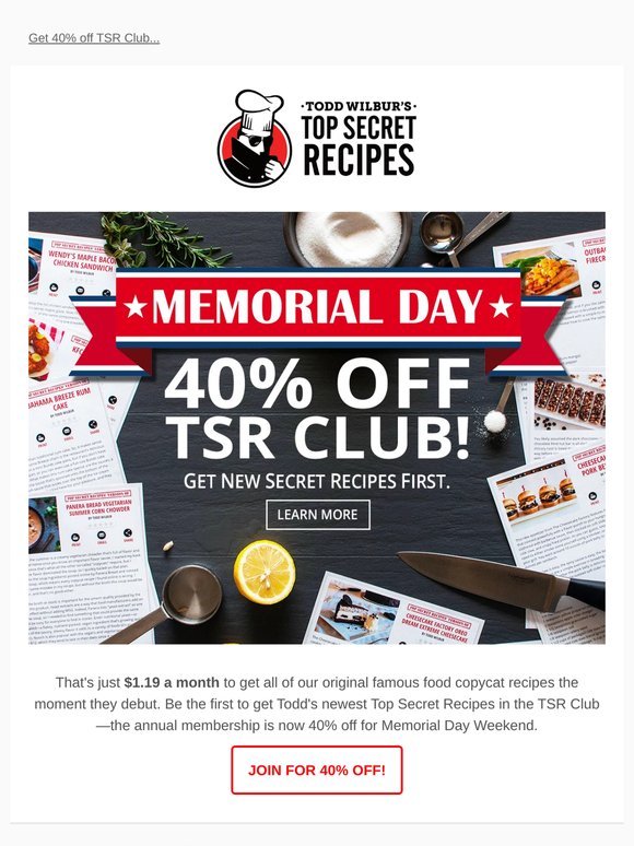 Memorial Day: 40% off TSR Club! 🍔