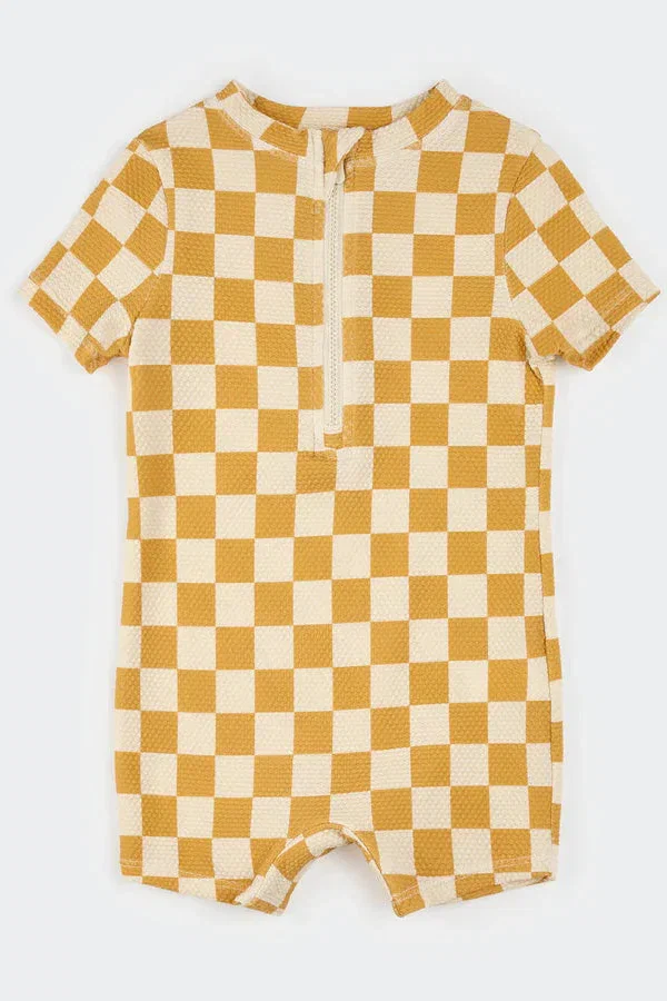 SHORT SLEEVE CHECKERED SWIM KNIT ROMPER