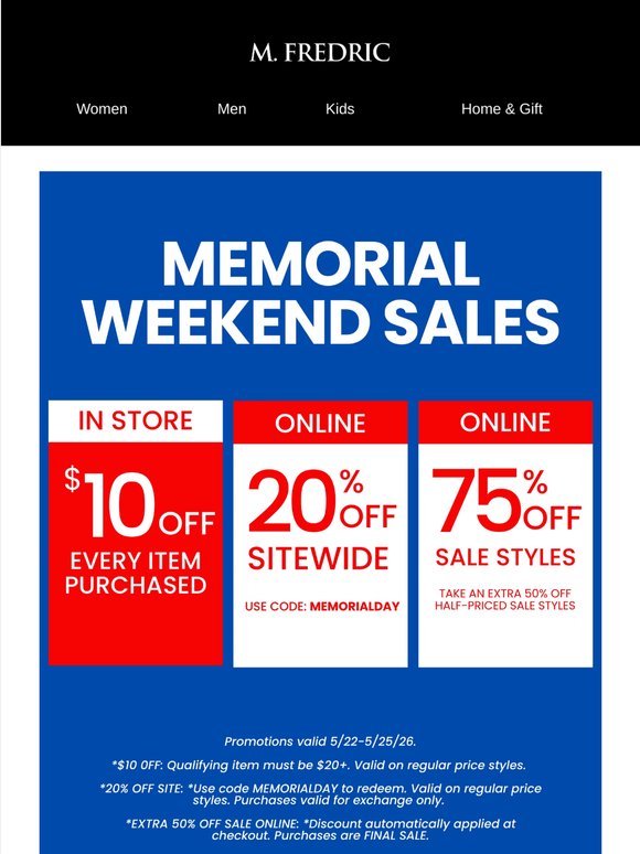 Memorial Weekend Deals at M.Fredric ❤️💙