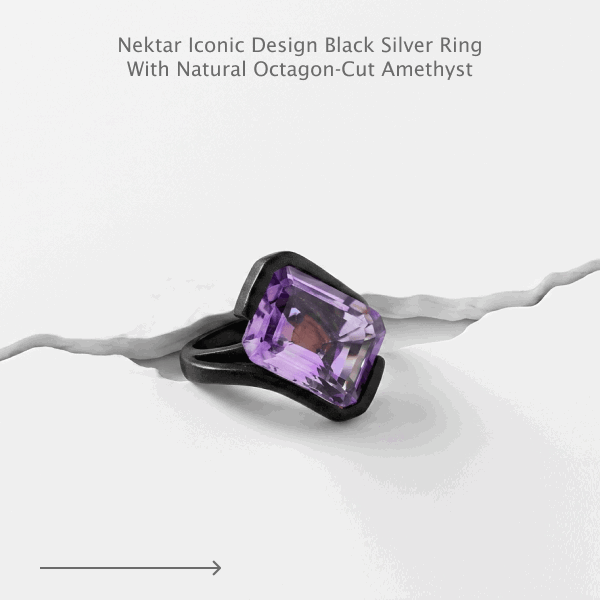 Nektar Iconic Design Black Silver Ringwith Natural Octagon-Cut Amethyst