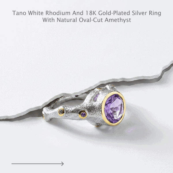Tano White Rhodium and 18K Gold-Plated Silver Ringwith Natural Oval-cut Amethyst